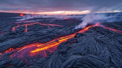 Mythology themed volcanic landscape rivers of lava towering obsidian spires and a legendary sword embedded in stone amidst the heat and smoke