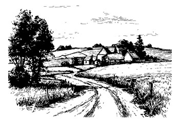 Black and white landscape illustration of a rural scene with houses and road
