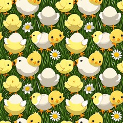 Fototapeta premium illustrated baby chicks in springtime grass