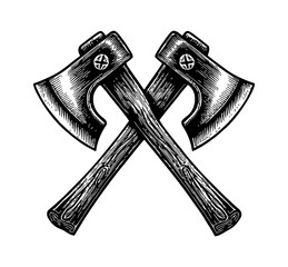 Two Crossed Axes Engraved in Black and White, a Symbol of Strength and Woodworking Heritage
