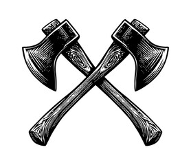 Fototapeta na wymiar Two Crossed Axes in Detailed Black and White Engraved Style Illustration