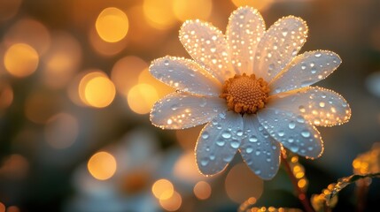 Fototapeta premium Close Up of Dew Covered White Daisy with Golden Bokeh Background