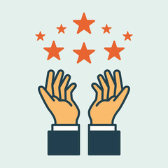 Fototapeta premium Celebrating achievement with hands and stars cartoon flat design illustration