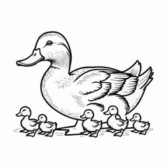 Obraz premium Mother Duck with Baby Ducklings Vector Line Drawing