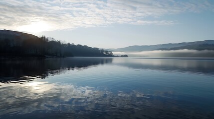 Fototapeta premium Calm Lake Reflecting Sky And Mountains In Daylight With Mist And Fog