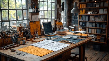 A well-organized workshop space with natural light, tools, and documents