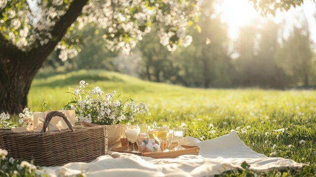 Spring Picnic Scene With Blooming Flowers Fresh Grass and Warm Sunshine in Nature