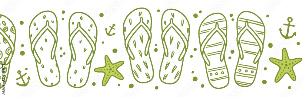 Wall mural a seamless border pattern of green flip flops starfish and anchors on a white background in a row de