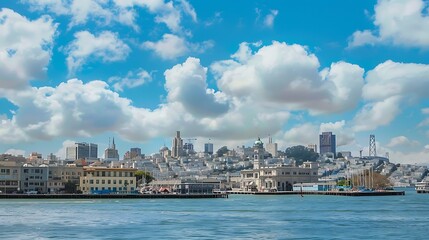 Naklejka premium Cityscape View With Buildings And Water Under A Cloudy Blue Sky During Daytime