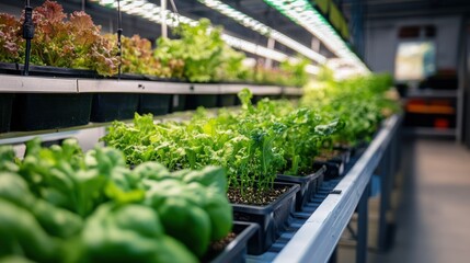 Indoor Hydroponic Vegetable Farm: Rows of Lush Greens Under Artificial Lights