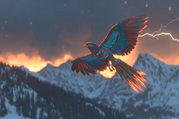 Obraz premium Native American mythology thunderbird flying across lightning filled sky with feathers glowing and mountains beneath