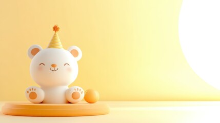 Cute teddy bear wearing a party hat on a pastel yellow podium