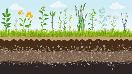 Cross-Section of Soil Layers Showing Diverse Flora and Soil Composition