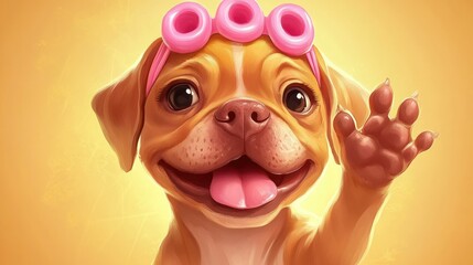 Cute puppy wearing swim goggles, waving hello