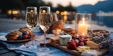 A picturesque setting featuring two glasses of sparkling wine, a lit candle, and a delightful spread of bread, cheese, and fresh fruits, creating an intimate ambiance as dusk falls. 