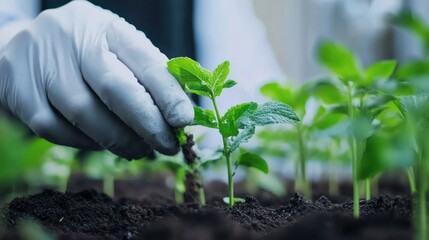 Cultivating New Life: A Close-Up of a Gloved Hand Gently Tending to Young Plants