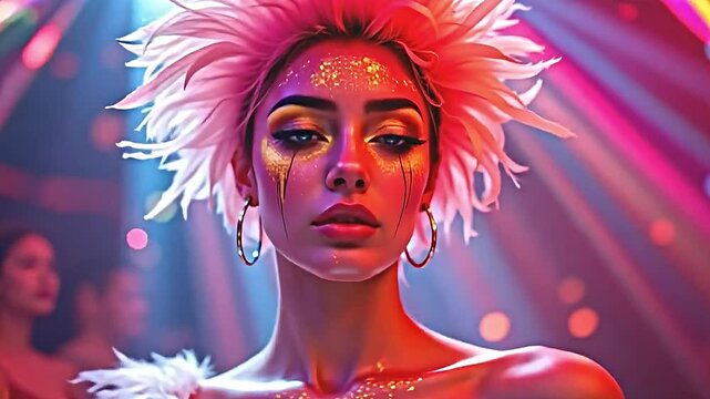 a neon lit disco party, a colourful model, bottom positioned, adorned with glowing feather make up, graphic paint splatters across skin, creating a radiant, otherworldly glow