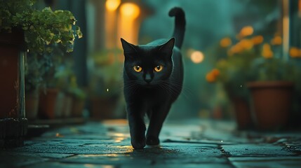 Black cat walking urban alley