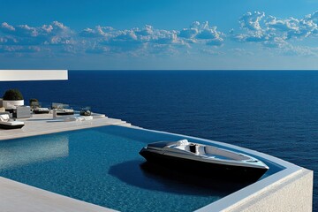 Fototapeta premium Serene Coastal Villa with Modern Pool and Luxury Yacht at Sunset Horizon