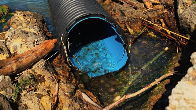 Large corrugated plastic drainage pipe discharging into a rocky shoreline or coastal area