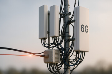Modern 6g technology tower with connected cables and equipment for future telecommunications