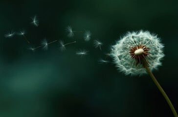 Fototapeta premium Dandelion puff releasing seeds into air, creating serene and tranquil atmosphere. soft, delicate seeds float gracefully