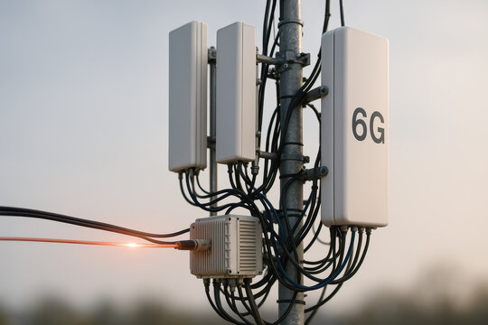 Modern 6g technology tower with connected cables and equipment for future telecommunications