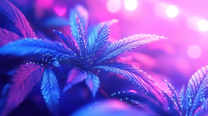 Vibrant Cannabis Leaves Under Neon Lights: A Close-Up Macro Photography
