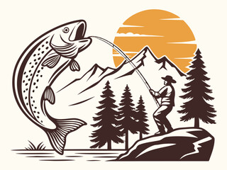 Vintage Fishing Adventure: Retro Vector Illustration of Angler and Leaping Fish