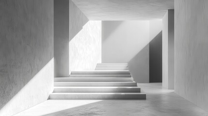 Obraz premium Minimalist White Concrete Staircase Interior with Sunlight and Shadows