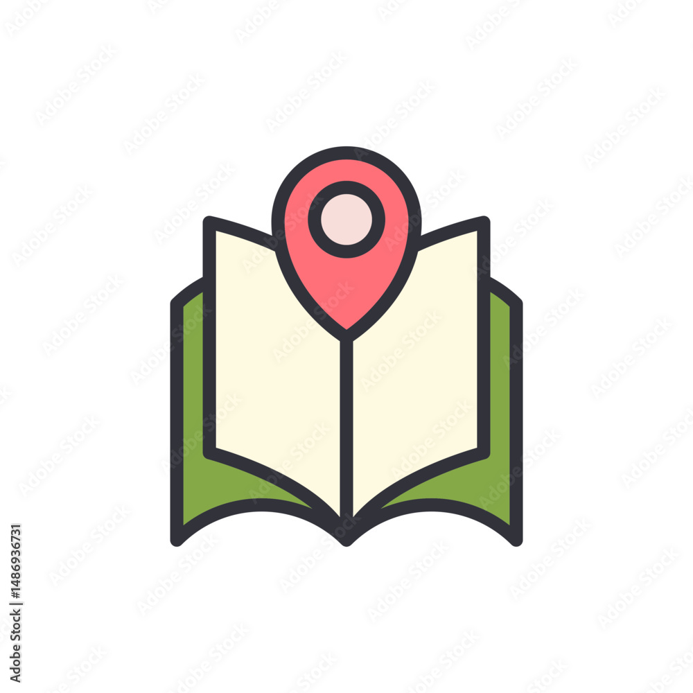 Poster cute icon depicting an open map with a location pointer on top