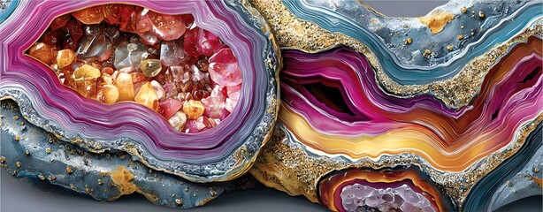Amethyst geode with captivating Colorful agate stone with intricate patterns and textures, showcasing beauty found in nature's geological formations.