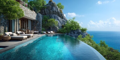 Fototapeta premium An exotic villa perched above the sea, with an infinity pool seamlessly blending into the ocean horizon, surrounded by lush greenery and comfortable loungers. 