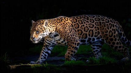 A dramatic jaguar portrait in low light.