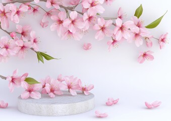 Elegant stone pedestal adorned with delicate pink cherry blossoms, perfect for product display
