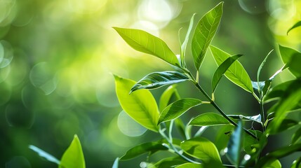 Obraz premium Close Up of Green Tea Leaves with Sunlight and Bokeh Background in Nature