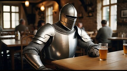 Potrait of knight cosplayer enjoying his day in the tavern after long event AI Generated Image