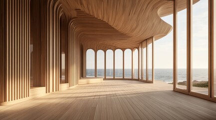 Sunlit wooden interior with ocean view, curved walls, and large windows