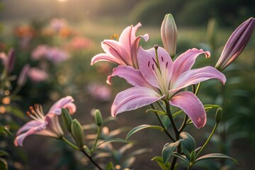 Naklejka premium Pink lily flower in garden pink flower Close up Lily blossom - generated by ai