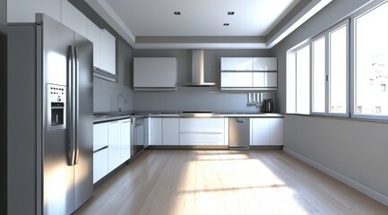 Modern kitchen with stainless steel appliances, white cabinets, and wood flooring. Sunlight streams through large windows