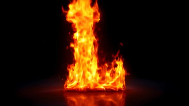 Letter L Burning Brightly with Flames Isolated on Black Background