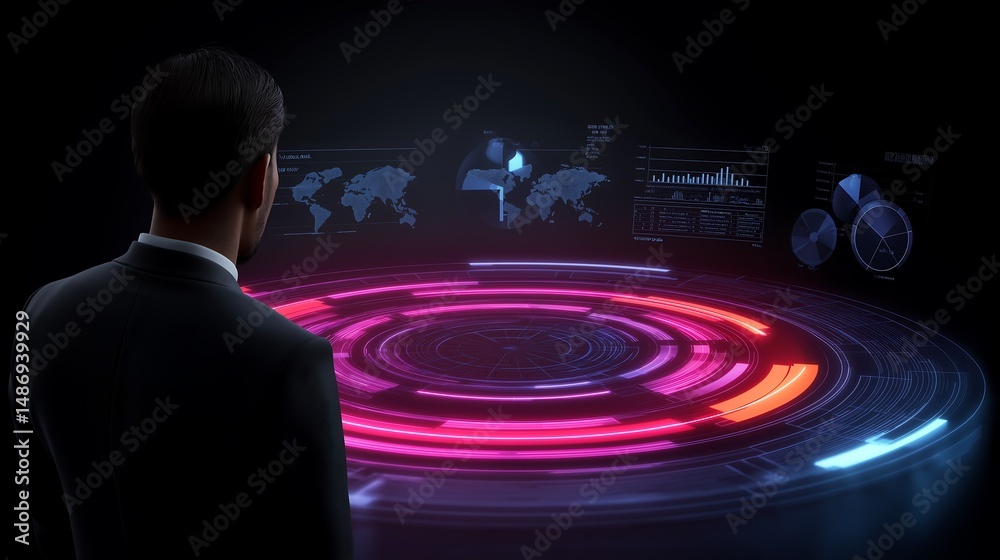 Poster futuristic 3d scene of a businessman analyzing holographic infographics with floating pie charts, li