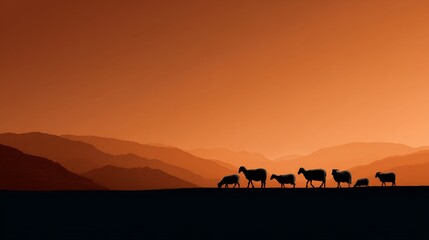Fototapeta premium Silhouetted sheep traverse a mountain range against a warm, dusky orange sky