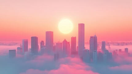 Fototapeta premium Pink and Orange Cityscape at Sunrise Above the Clouds