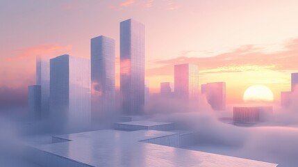 Fototapeta premium Pink and Orange Cityscape at Sunrise with Fog and Pastel Sky