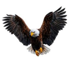 Obraz premium A bald eagle landing, wings open, white background