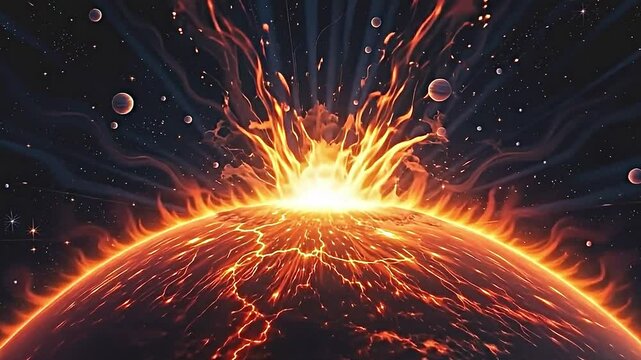 a hand drawn style, close up top down view of a fiery, exploding planet at the bottom edge, a sphere consumed by plasma and solar flares, radiating intense heat and sunshine