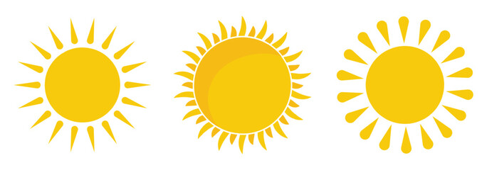 Sun icon set. Yellow and black Color. Vector Illustration. Shine sun ray set. Sunset icon collection. 