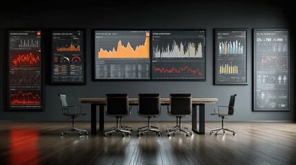 Modern meeting room with multiple large screens displaying data visualizations
