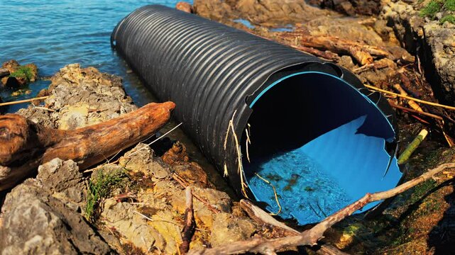 Large corrugated plastic drainage pipe discharging into a rocky shoreline or coastal area